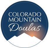 Colorado Mountain Doulas Agency Birth Doula logo white mountains, navy blue sky